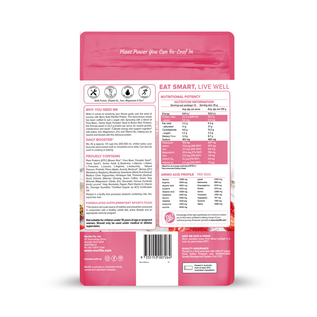 Morlife Plantiful Protein Powder 440g (Berry Swirl) - HealthyMe